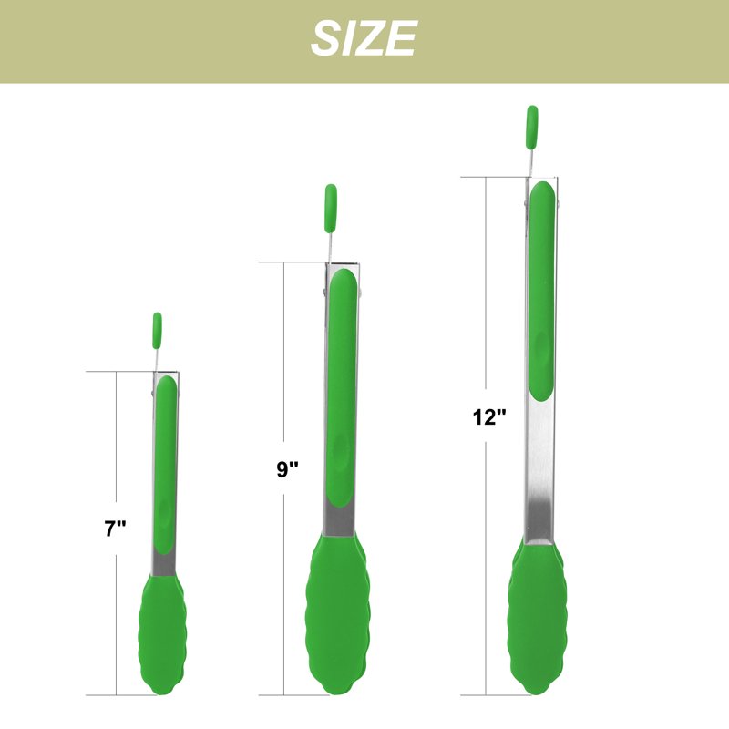 Silicone-Tipped Cooking Tongs Set - 3 Pcs Green & Burgundy