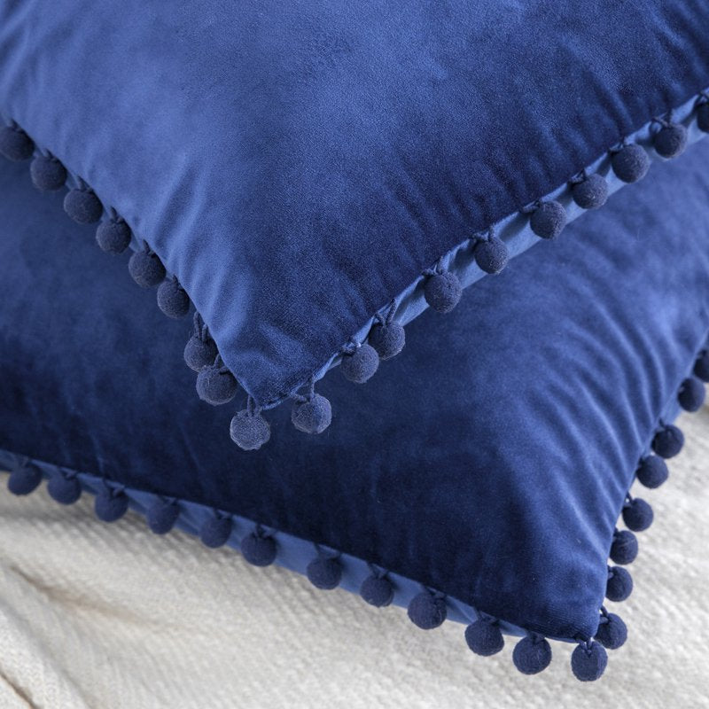 12x20 Navy Blue Velvet Throw Pillow Set of 2 - Pom Pom Accent Decor