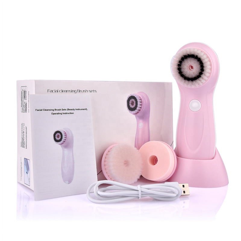 Electric Facial Cleansing Brush with 3 Heads, IPX6 Waterproof & USB Rechargeable