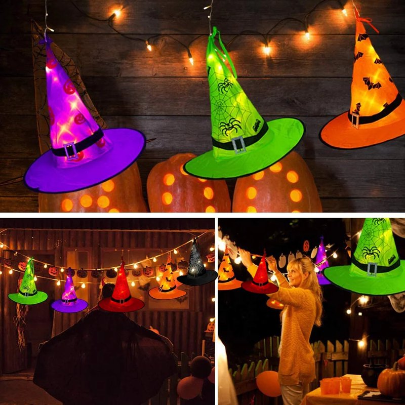 Halloween Witch Hat Lights Decorations Outdoor - 5pcs Glowing String Lights with 8 Modes & Waterproof - Lighted Witch Hat Variation