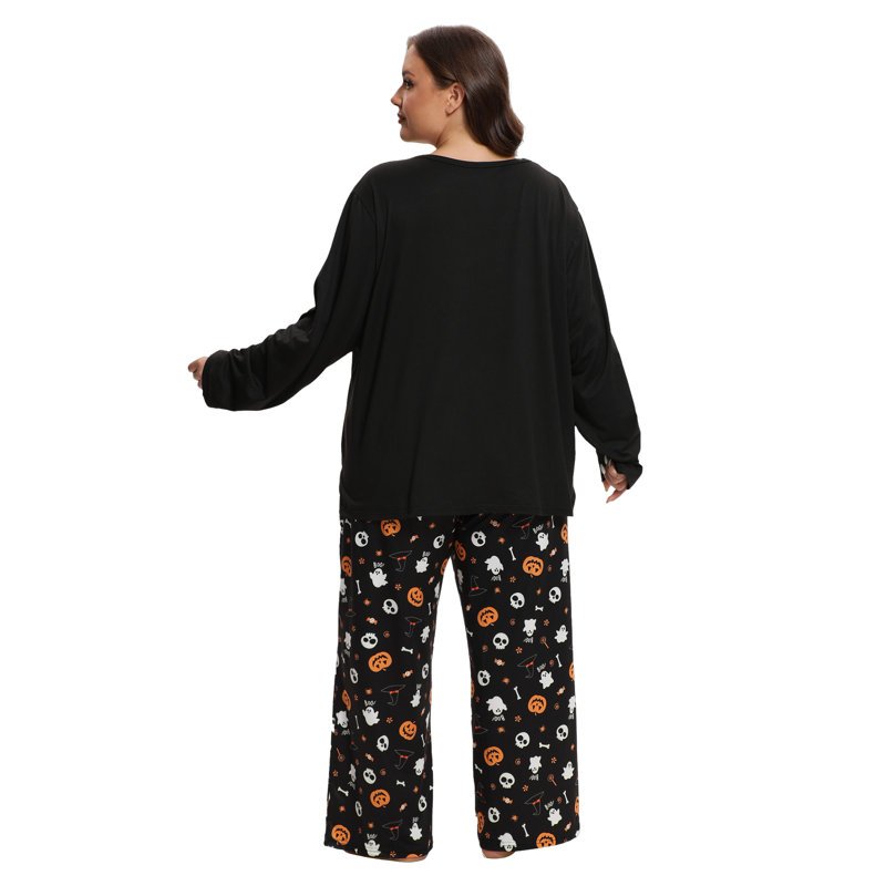 Halloween Plus Size Ghost Pumpkin Pajama Set for Women 2-Piece - Ghost Pattern 1XL