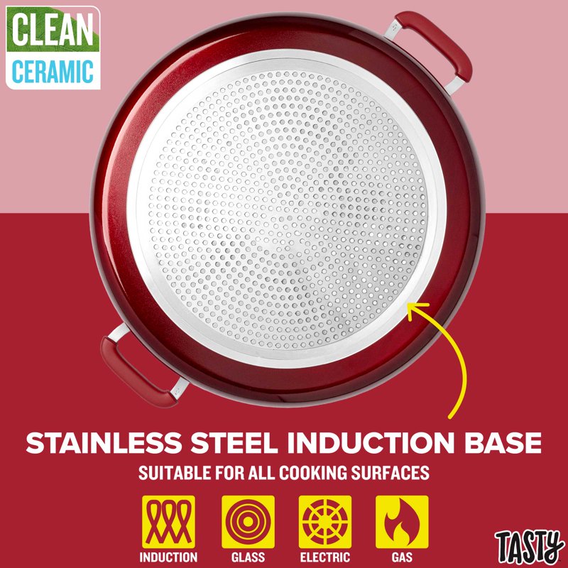 13-Inch Non-Stick Ceramic Sauté Pan with Glass Lid - Red