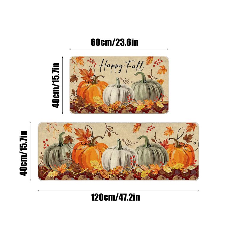 Halloween Kitchen Mats Set - Orange Pumpkin Non-Slip Rug for Floor Decor, 2 Pieces