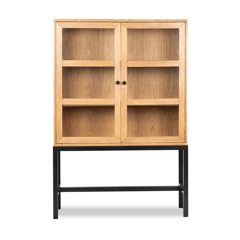 Ezra China Cabinet with Glass Doors - Light Honey/Black