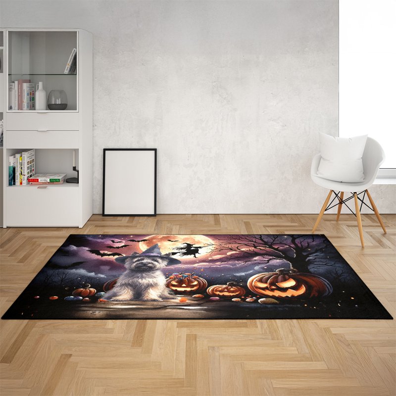 Pet-Themed Halloween Rug - Cairn Terrier & Pumpkins Indoor Carpet 36" x 60" - Variation of Cairn Terrier