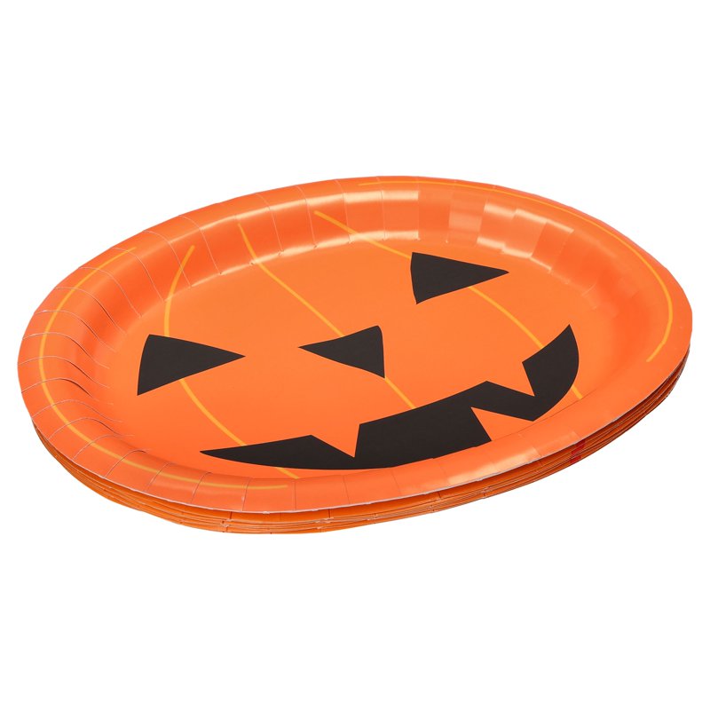 Halloween Jack-o'-Lantern Oval Disposable Paper Plates - Multicolor 12x10 Inch, 8 Pack