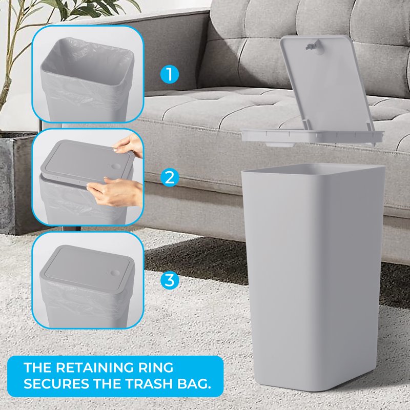 Slim Plastic Trash Can - 2.6 Gallon Waste Basket with Press Top Lid - Black, Gray, White