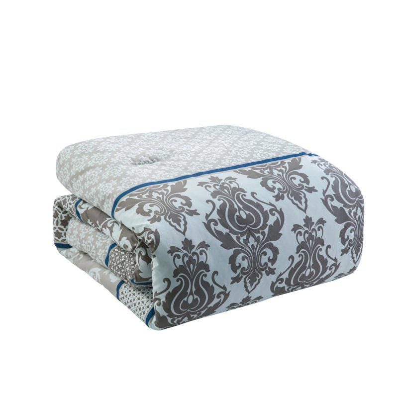 Queen Damask Bed-in-a-Bag Set - Blue Microfiber Bedding with Pillowcases & Bed Skirt