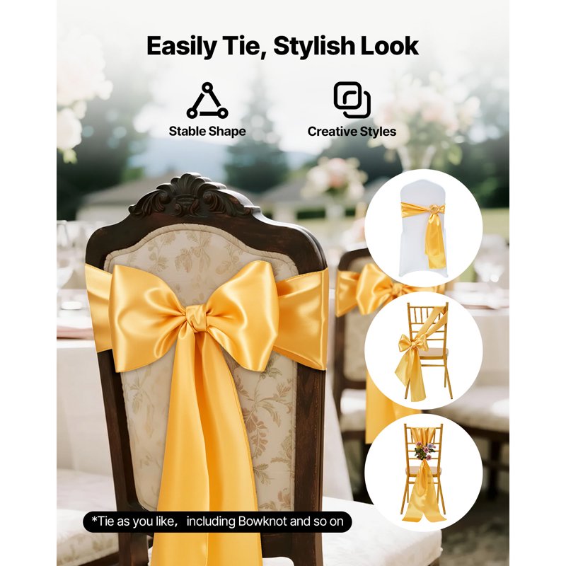 100PCS Satin Chair Sashes - 7x108 Inch Gold Wedding Bows