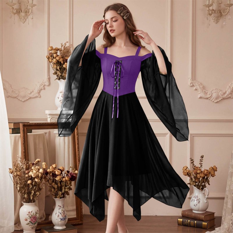 Dark Purple Witch Costume Women Halloween Dress Gothic Renaissance Medieval 2XL - Variation #01