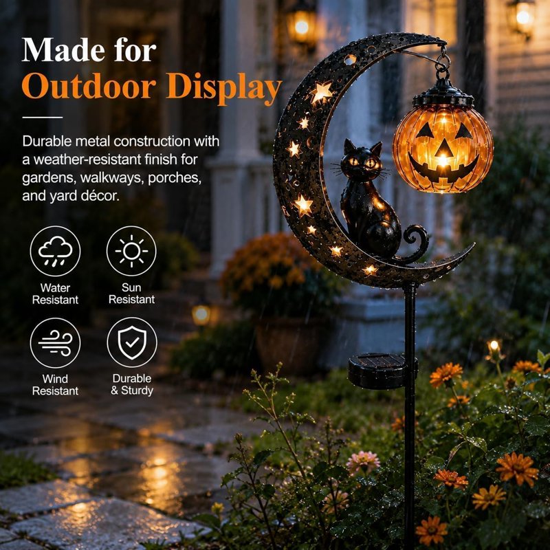 Solar Halloween Black Cat & Pumpkin Moon Garden Stake Light - Waterproof Outdoor Decor - A-1PC