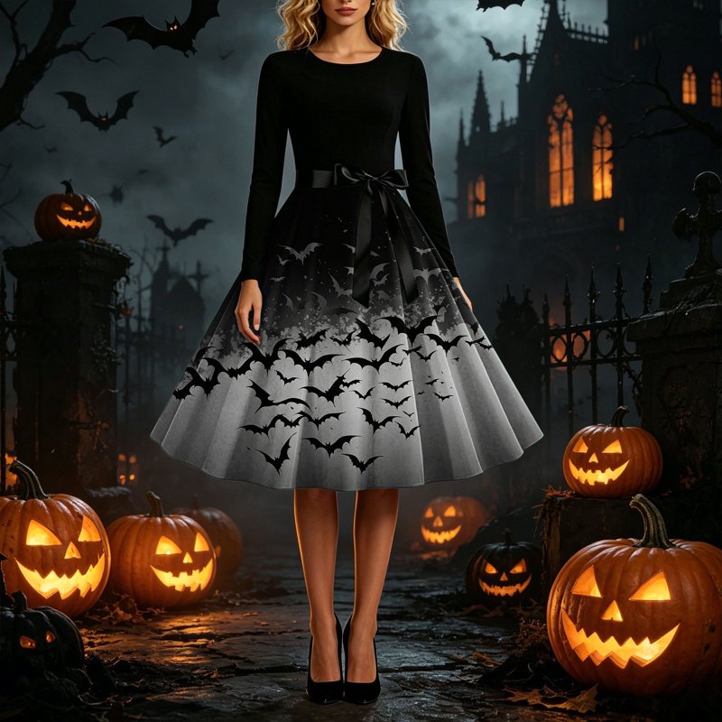 Women's Vintage Halloween Bat Print Swing Dress Gray S - 1950s Retro Gothic Midi