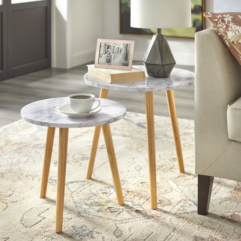 Modern Round Nesting End Tables Set - Faux Marble Tops