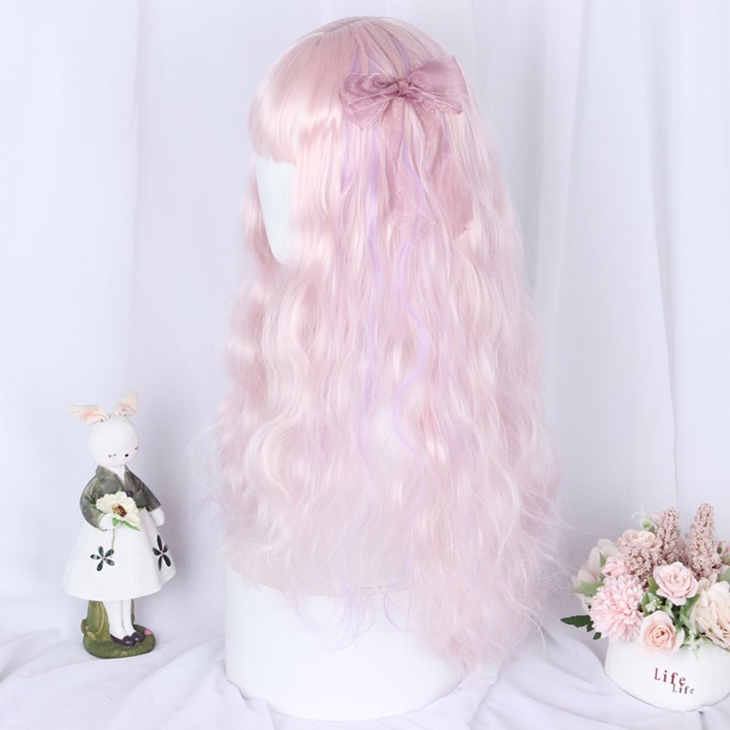 26" Pink Curly Human Hair Wig with Adjustable Cap