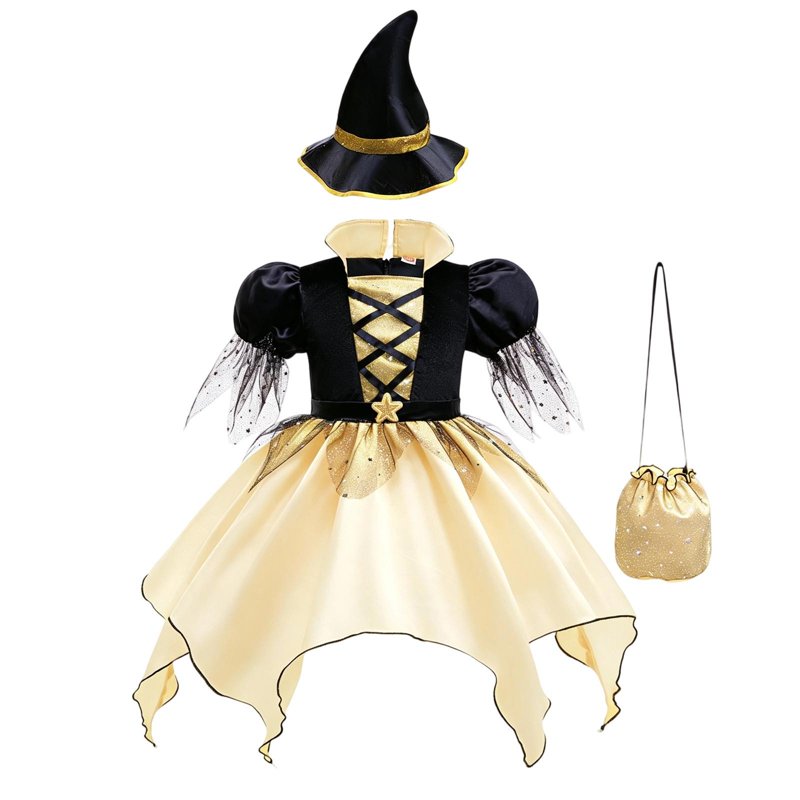 Girls Halloween Witch Costume Dress with Hat and Bag - 10-11 Years, Black
