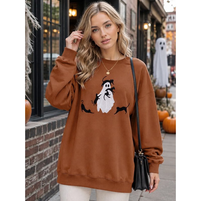 Brown Halloween Spooky Season Sweatshirt for Women - Oversized Black Cat Ghost Pullover