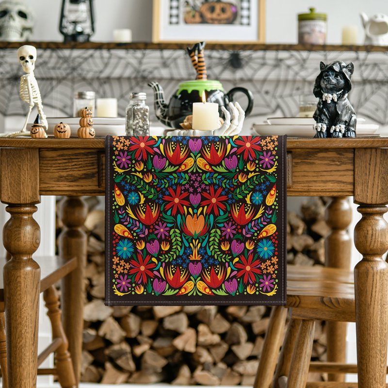 Dia De Los Muertos Floral Fiesta Table Runner - Black 13 x 72 Inch Party Decor