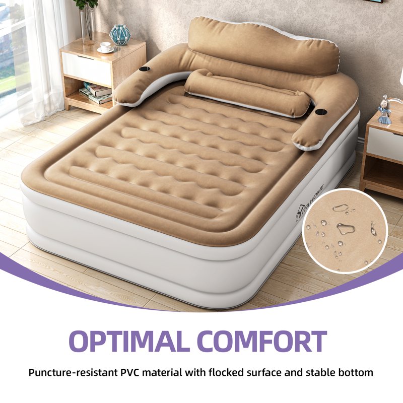 Queen Size Inflatable Air Mattress with Headboard & Built-In Electric Pump - Brown, Variation of Queen Brown-Style2