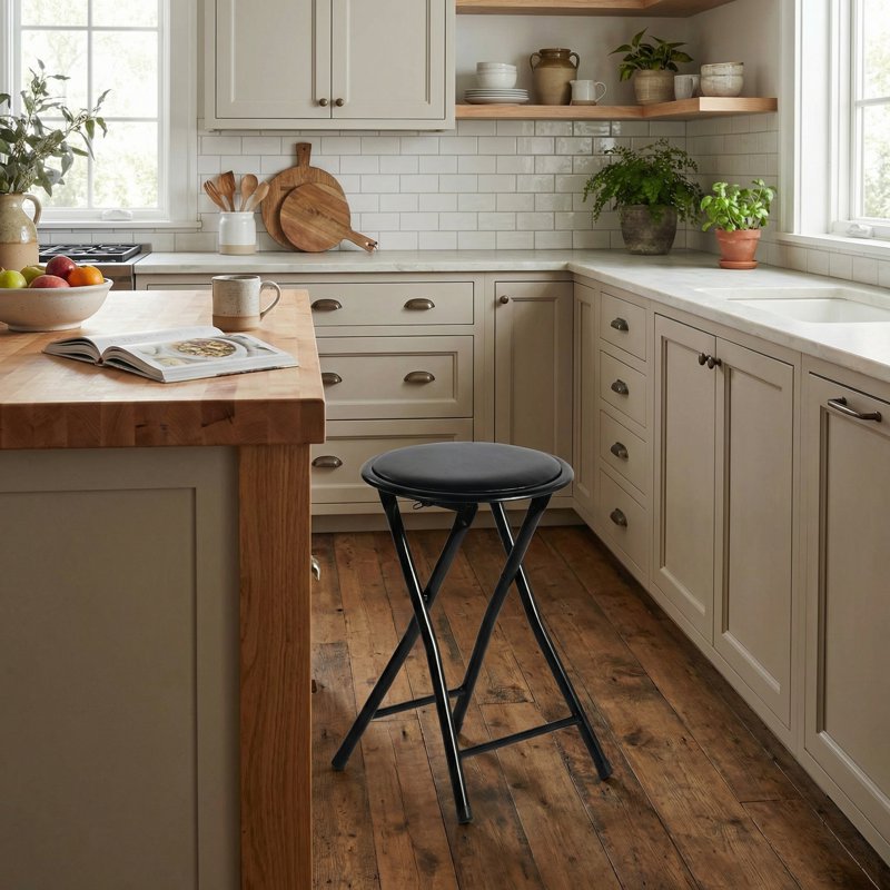 Folding Stool with Round Seat and Black Metal Frame - 1 Pack