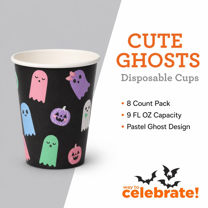 Halloween Ghosts Disposable Paper Cups 9 oz Multicolor 8 Pack
