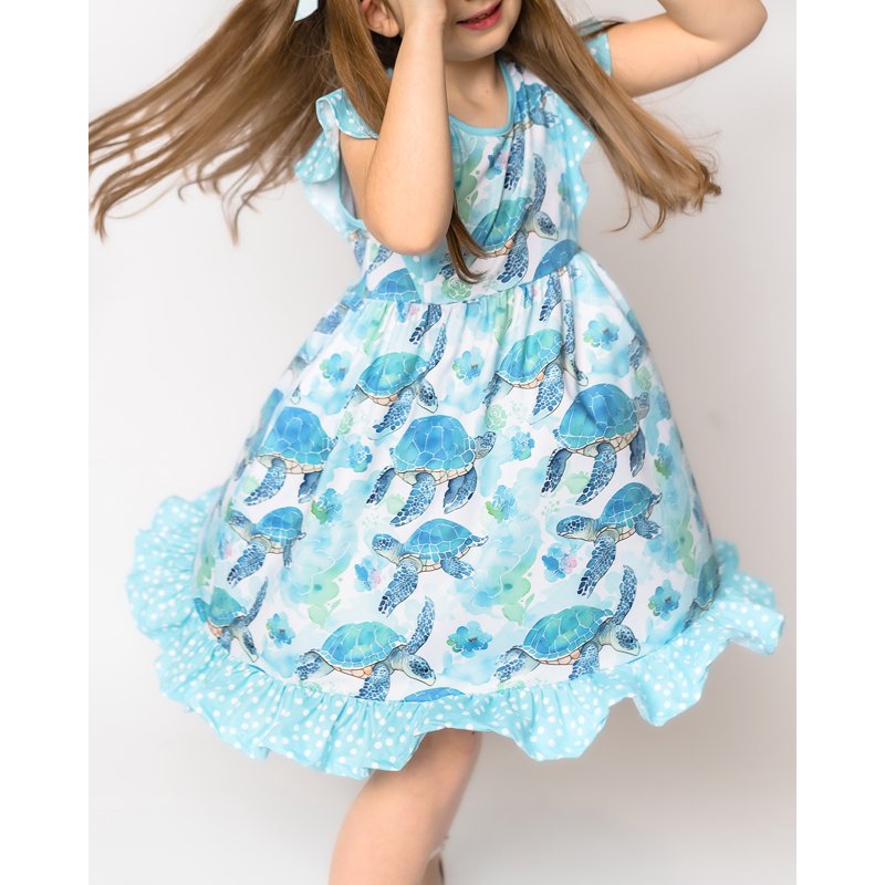 Girls Mint Turtle Angel Sleeve Dress & Shorts Set - 3T Toddler