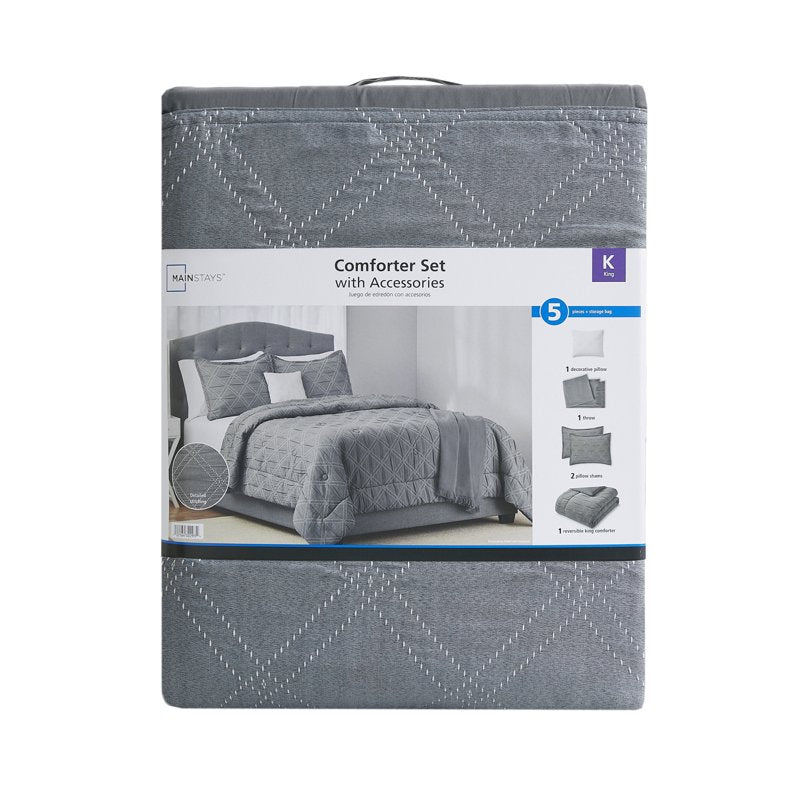 Mainstays King Grey Cross Stitch Comforter Set - 5-Piece Bedding
