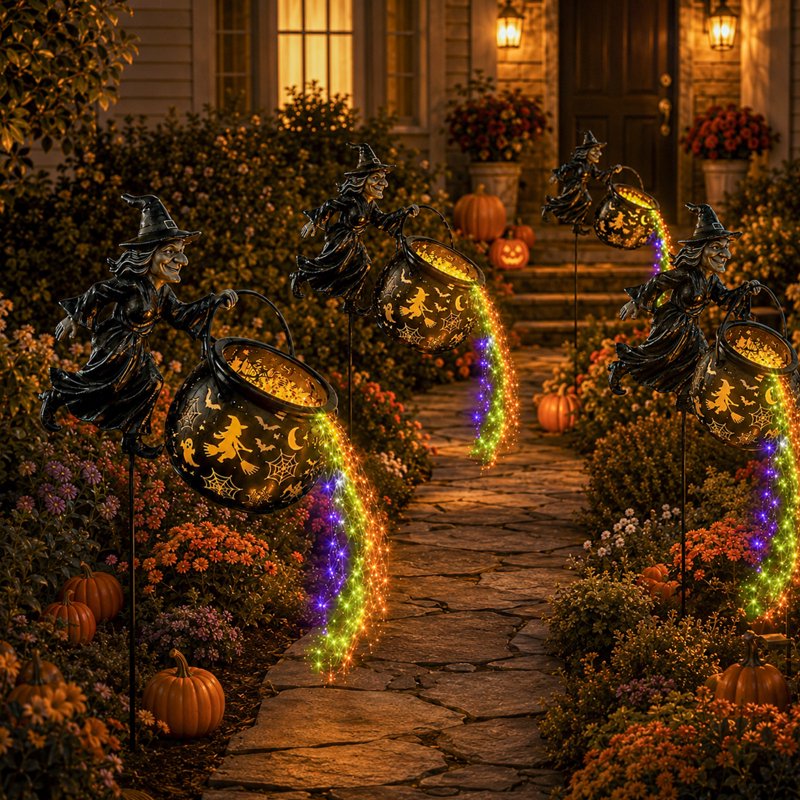 Halloween Witch Cauldron Garden Light - Solar Outdoor Decor with Flying Witch & LED Projection - Variation 04#C