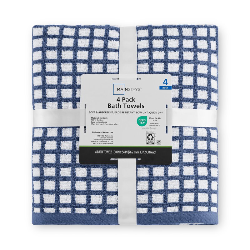 Performance Checkered Bath Towel Set - Washed Indigo, 4-Piece 30 x 54 Inches