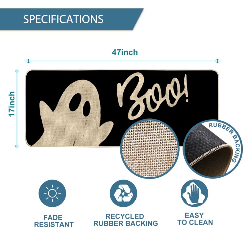 Halloween Doormat 17x47 Inch Black Ghost and Cat Welcome Mat – Polka Dot Design