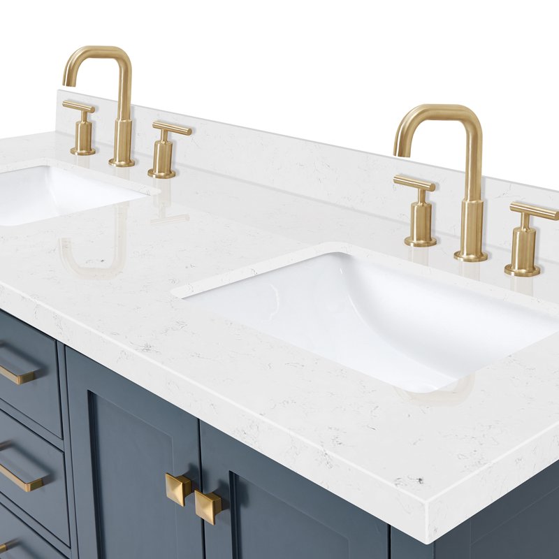 ARIEL Cambridge 60 Inch Midnight Blue Double Bathroom Vanity with Solid Wood Frame and White Quartz Top