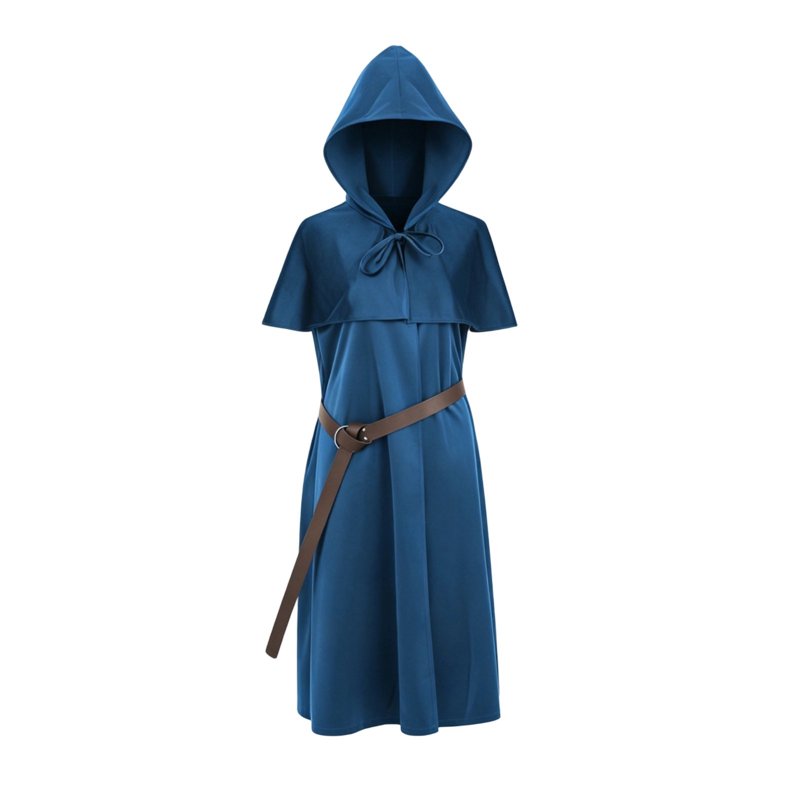 Medieval Monk Robe Hooded Cloak Costume Set with Belt Blue XL - Renaissance Cosplay