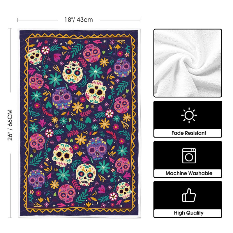 Seasonal Floral Day of The Dead Kitchen Towels Set of 2 - 18x26 Inches Halloween Decor