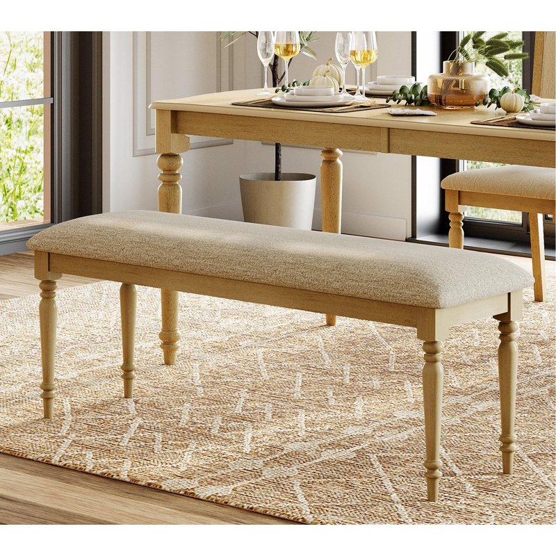 Upholstered Oak Bench - 52-Inch Farmhouse Style for Bedroom & Entryway
