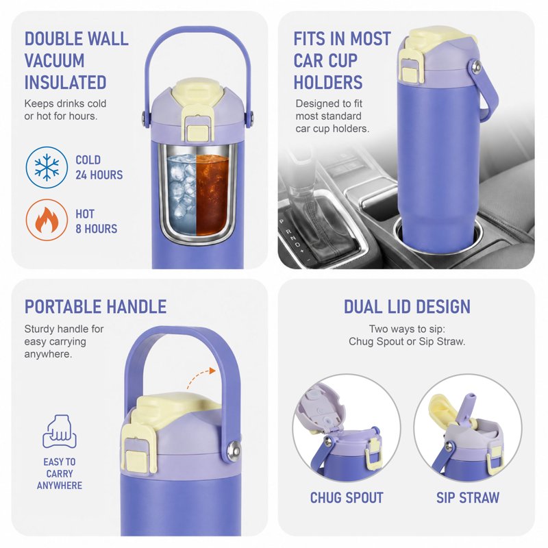 30 oz Vacuum-Insulated Stainless Steel Tumbler with Dual Lid - Purple