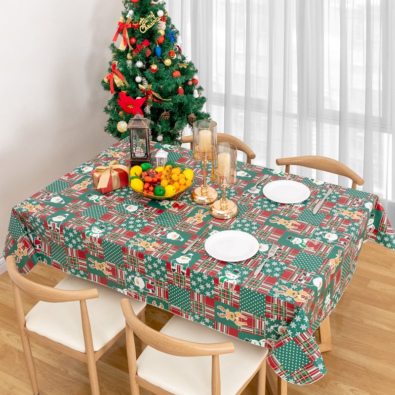 Christmas Tablecloth 60x84 Inch Elk Green Waterproof Plastic Cover