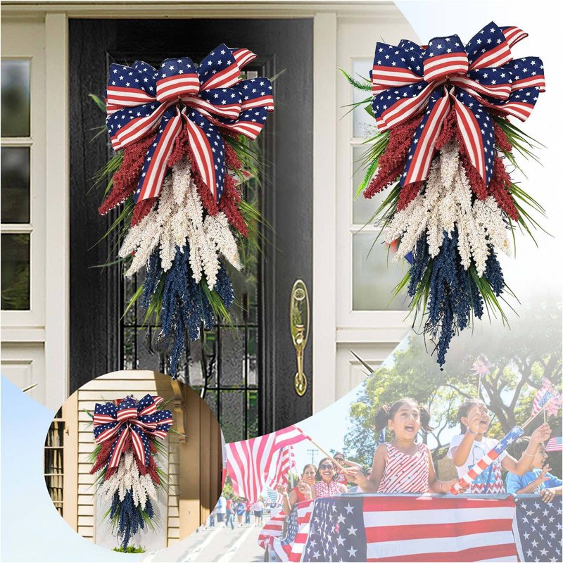 Patriotic 4th of July Wreath G - Red White Blue Independence Day Front Door Decor