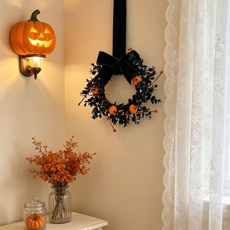 Halloween Pumpkin Wreath with Bow - Small Autumn Holiday Door Decor