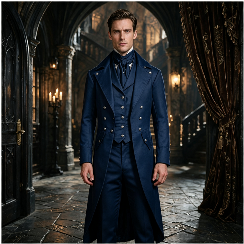 Men's Gothic Steampunk Tailcoat Costume - Dark Blue, Size L