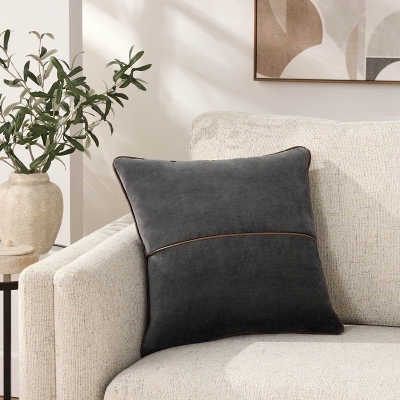 Black Velvet Decorative Pillow 18x18 with Faux Leather Trim - Mainstays