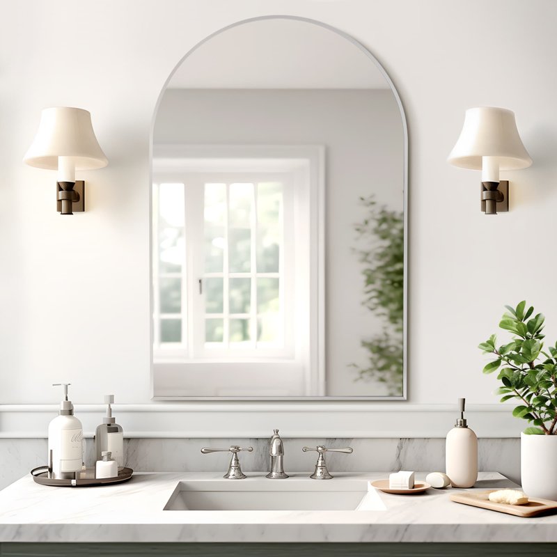 36x24in Modern Arched Silver Wall Mirror - Aluminum Alloy Frame, Wall-Mounted Vanity & Sink