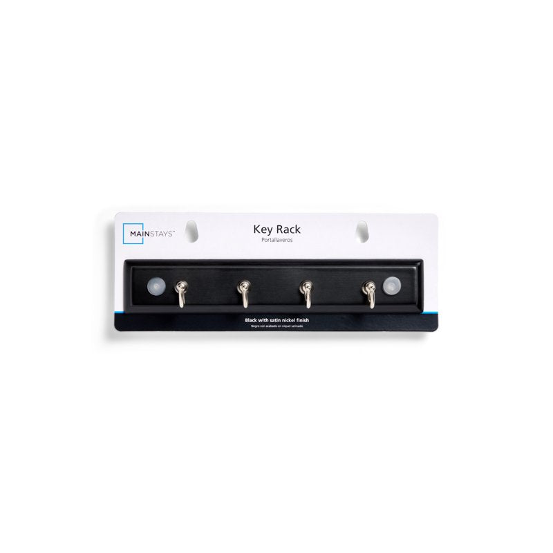 2 Pack Wall-Mounted Key Rail with 4 Satin Nickel Hooks - Black Finish, 8.75 Inch