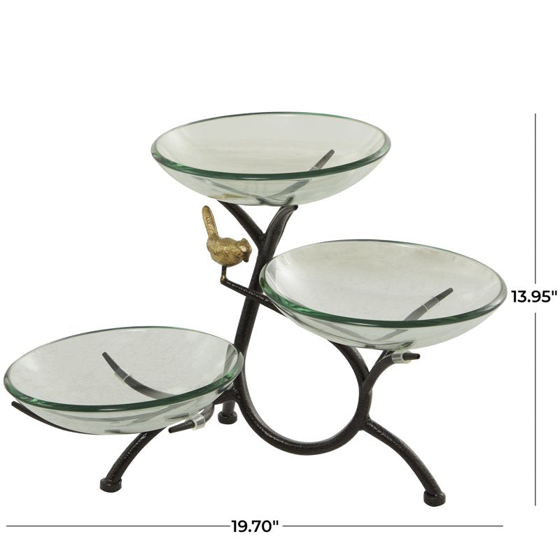 Clear Glass 3-Tiered Serving Bowl with Black Metal Stand - 20" x 14"