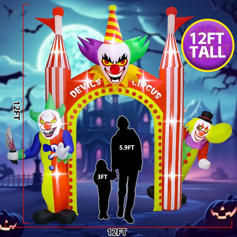 12FT Giant Inflatable Clown Archway Halloween Yard Decoration with Lights
