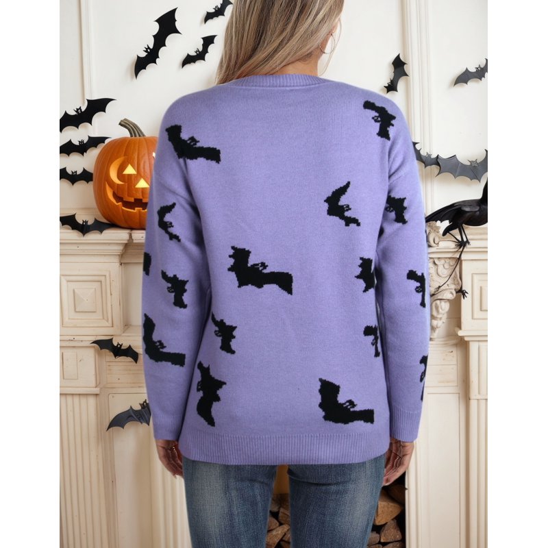 Halloween Sweaters for Women Bat Pattern Long Sleeve Casual Pullover - Purple L