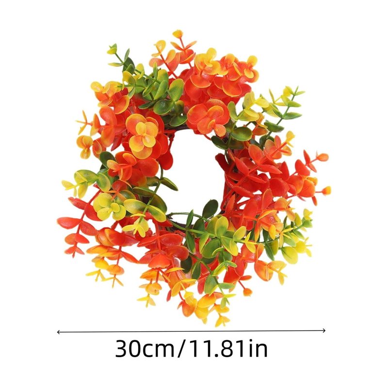 Fall Eucalyptus Candle Ring - Artificial Autumn Leaf Wreath with Colorful Round Leaves, Rustic Harvest Decor, 11.8 inches - Variation #3