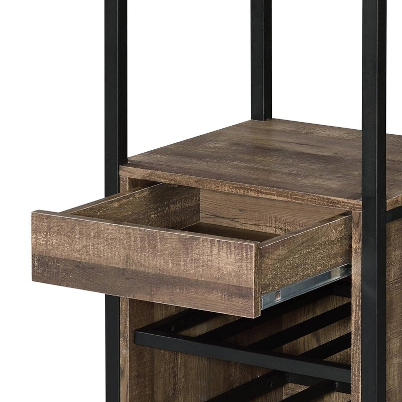 Oak Finish Wine Rack with Drawer and Open Compartments