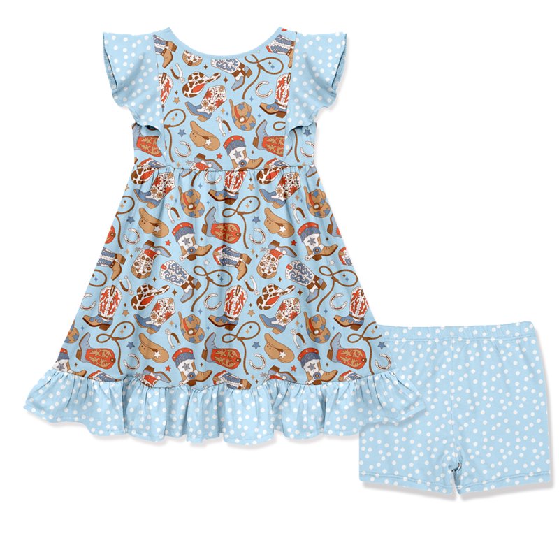 Girls Blue Howdy Boots & Dot Short Set - Size 12 Lt Blue 2-Piece Dress & Shorts