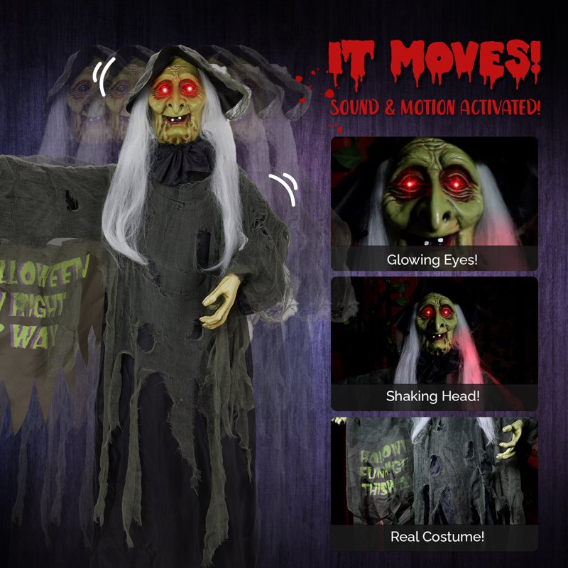 6 Ft Life Size Witch Halloween Decoration - Animated Sound & Motion Activated Outdoor Display