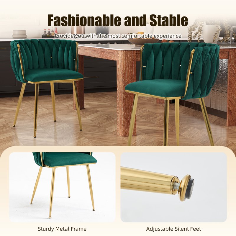 Velvet Dining Chairs Set of 2 - Green Upholstered with Metal Legs