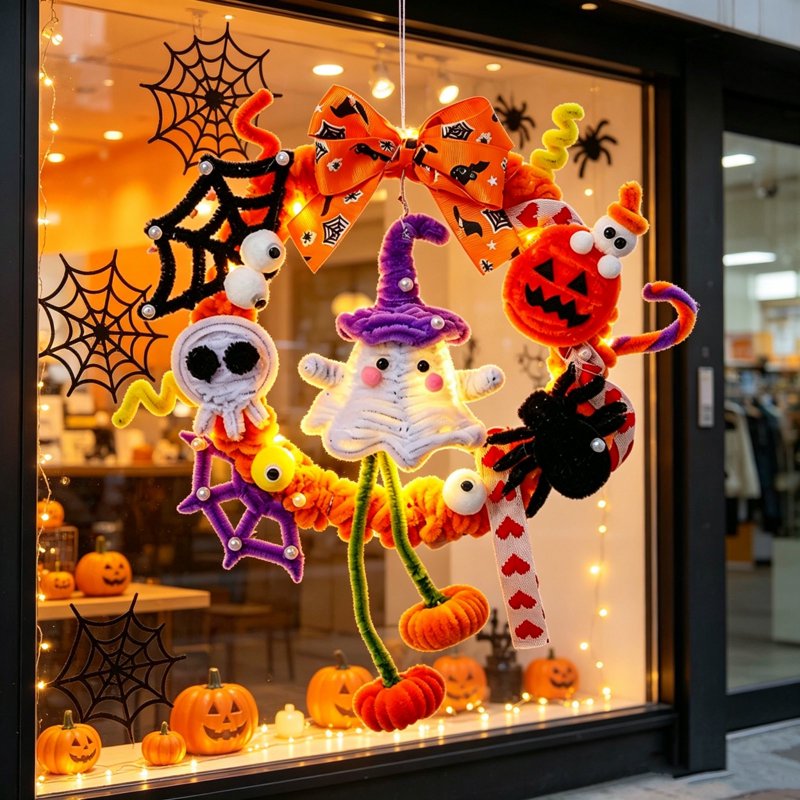 Halloween Wreath with Orange LED Pumpkin and Ghost - Front Door Decor - Variation of THIS listing